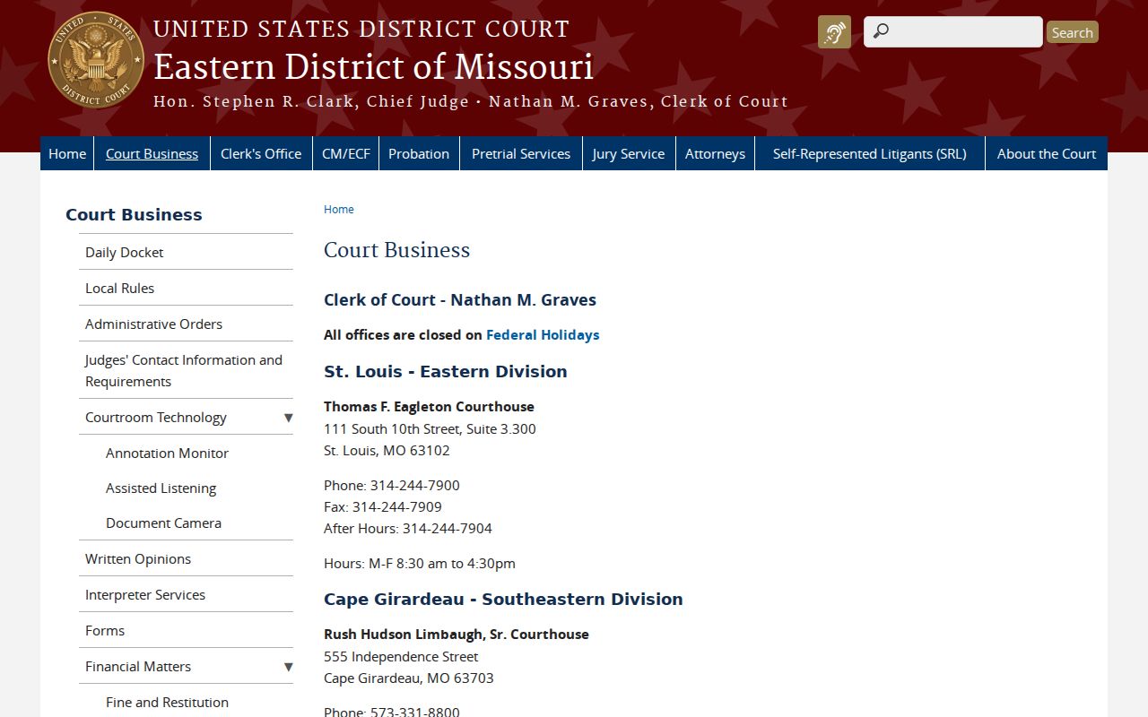Perry County court records reference showing federal court business information for the Cape Girardeau division